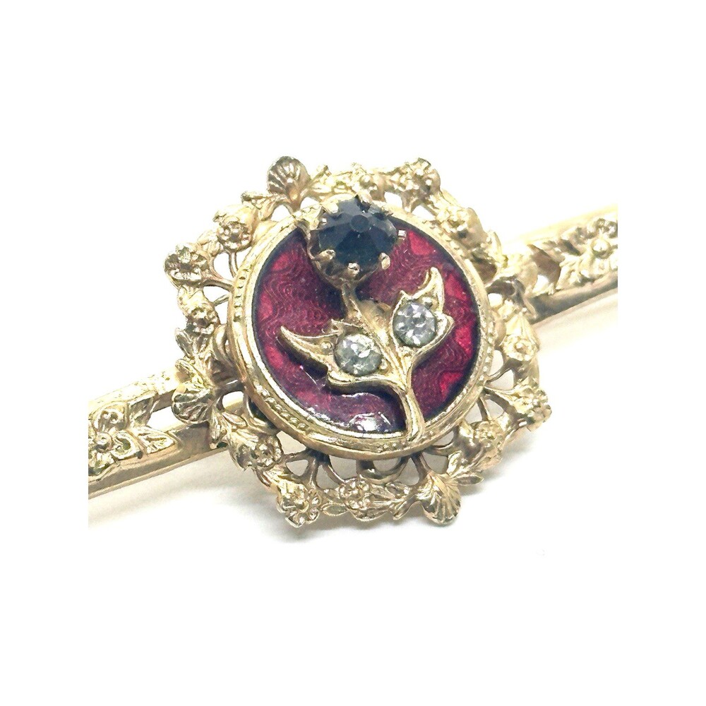 Vintage Guilloché Bar Pin Victorian Romantic Revival Red Enamel Flower Center